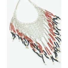 Silver Tone Necklace Adorned With Red & Black Beads